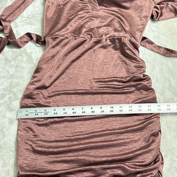 Louna Ruched Knee Length Dress Women's XS Brown Jersey Long Sleeve V-Neck RTR - Picture 12 of 14